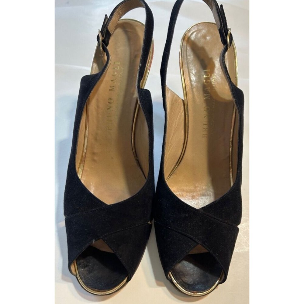 Women's Vintage 1980's Bruno Magli Black Gold Suede Heels Size 8M Peep Toe